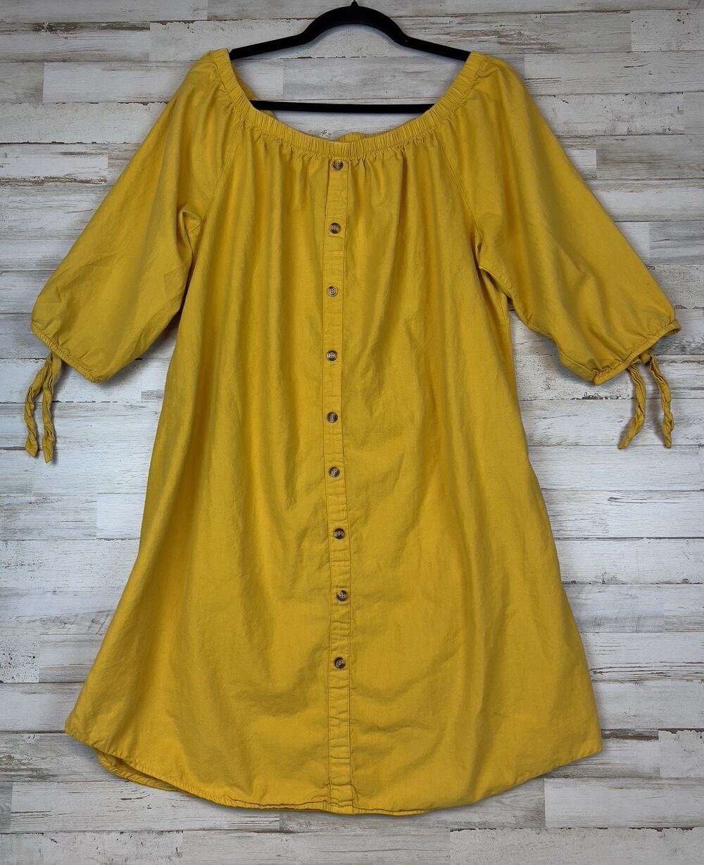 Speed Control NY Mustard Yellow Peasant Dress 2X Cotton Off Shoulder Button Fron